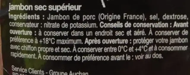 Quart de jambon sec ingredients label