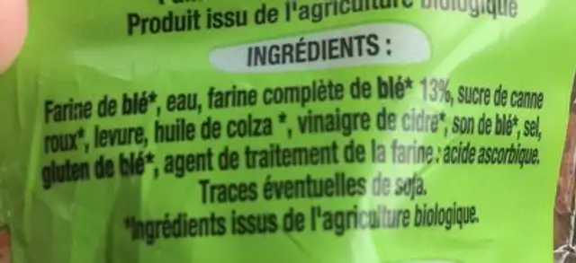 Pain de mie à la farine complete ingredients label