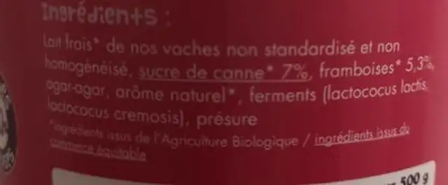 FROMAGE FRAIS À LA FRAMBOISE ingredients label