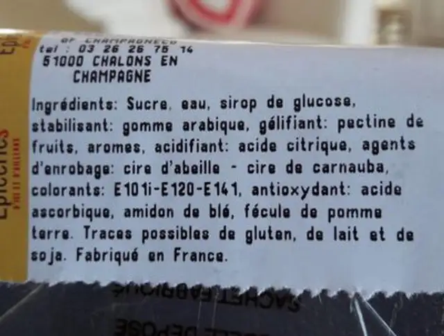 Confiserie drageifiees ingredients label