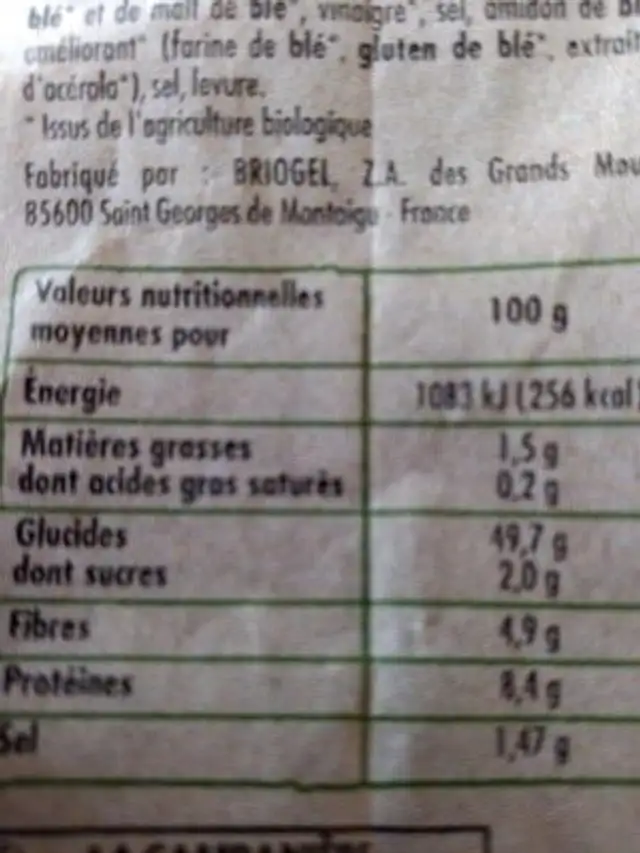 Pain d'épeautre bio nutrition facts table