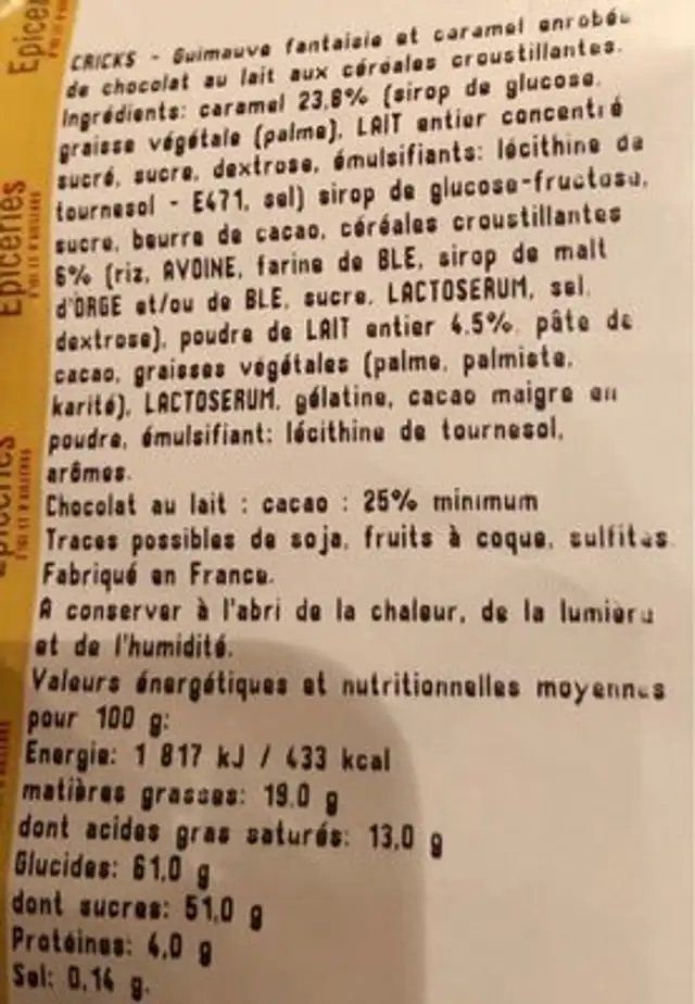 Guimauve cricks nutrition facts table