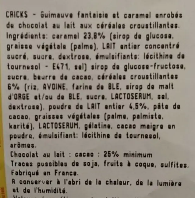 Guimauve cricks ingredients label
