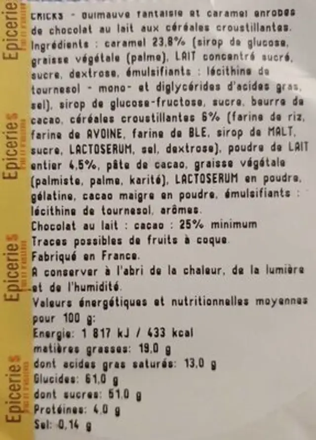 Guimauve cricks nutrition facts table