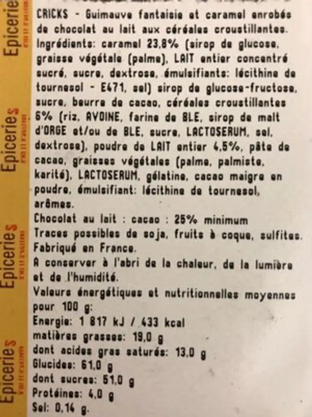 Guimauves criks ingredients label