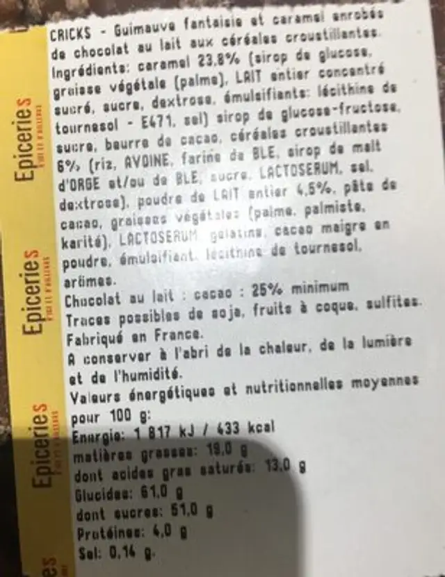 Guimauve cricks ingredients label