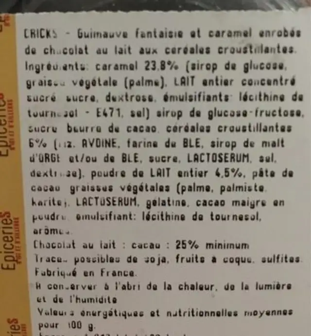 Guimauves cricks ingredients label