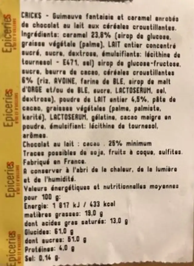Guimauves cricks ingredients label
