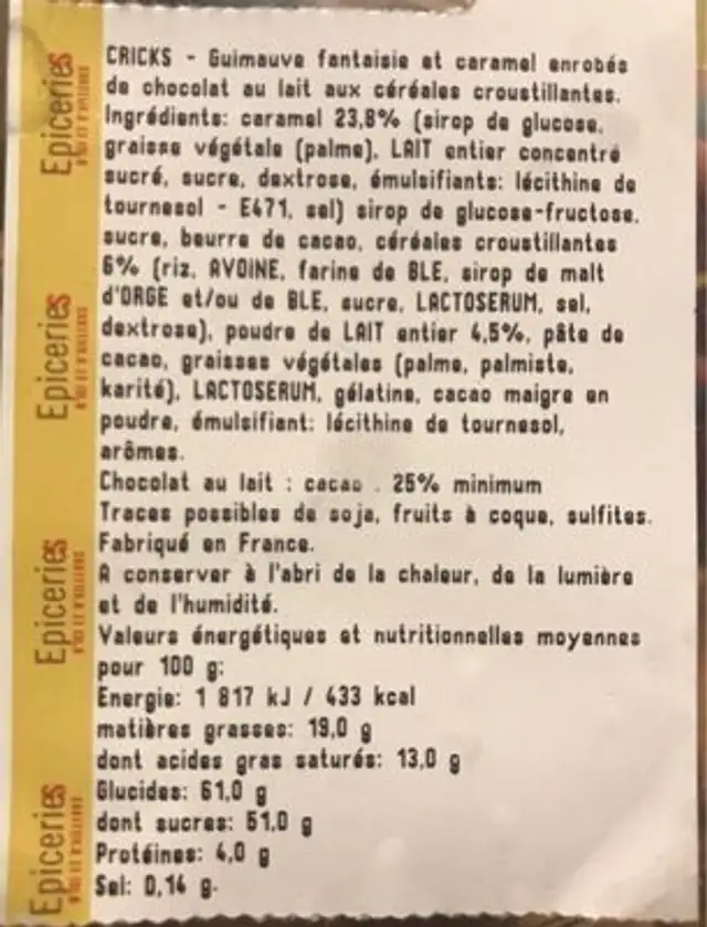 Guimauves cricks nutrition facts table