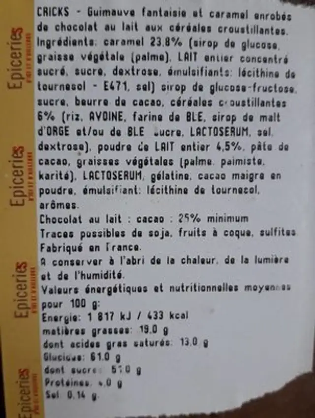 Guimauve cricks ingredients label