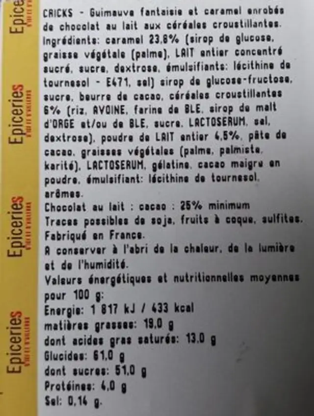 Guimauve cricks nutrition facts table
