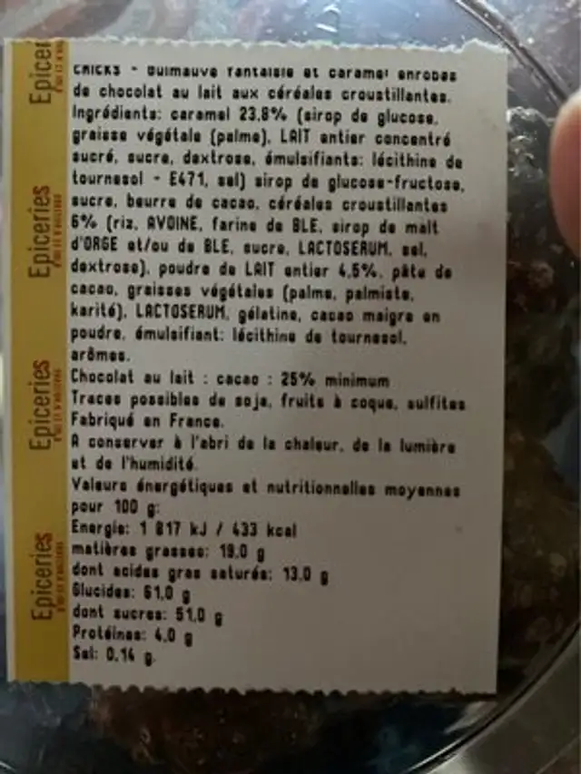 Guimauves cricks nutrition facts table