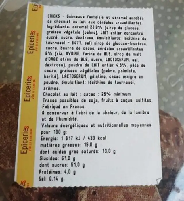 Guimauves criks ingredients label