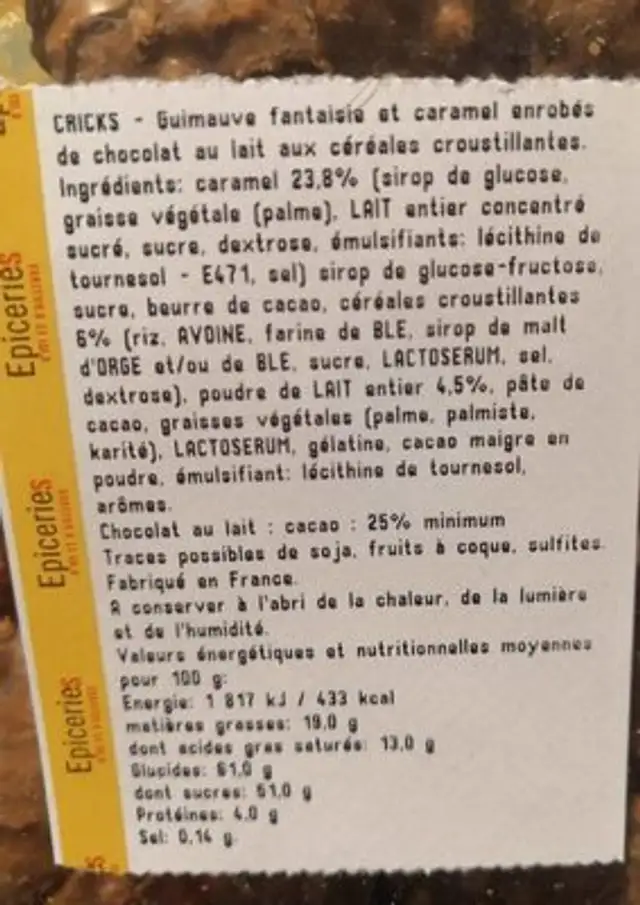 Guimauves Cricks nutrition facts table