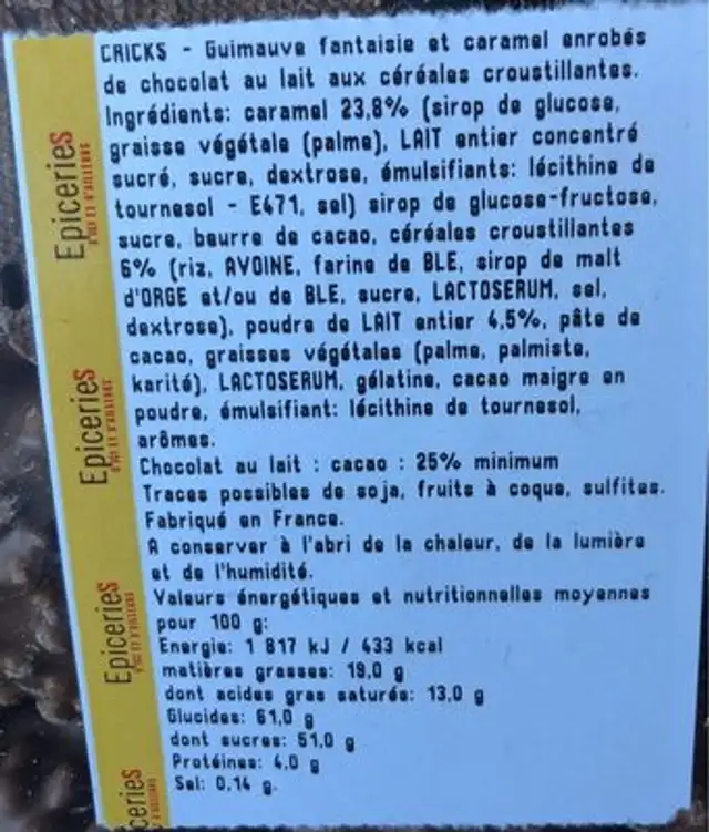 Guimauves cricks ingredients label