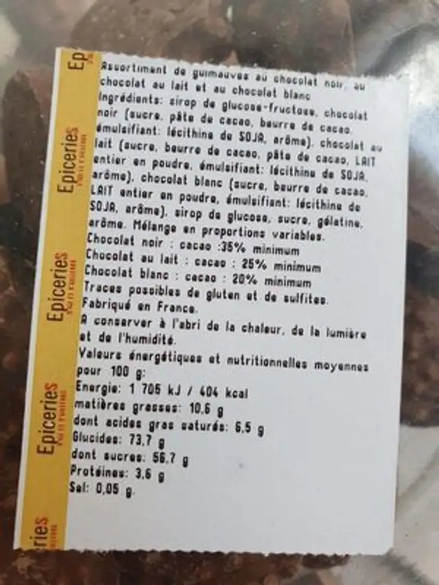 Guimauve Cricks ingredients label