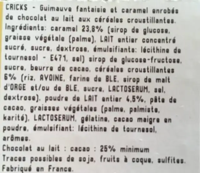 Guimauves cricks ingredients label
