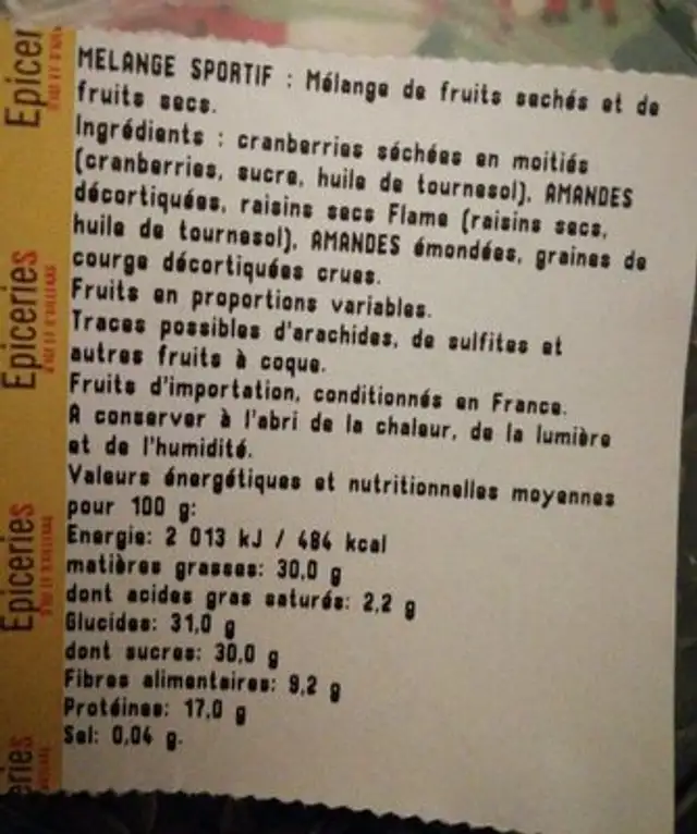 Mélange sportif ingredients label