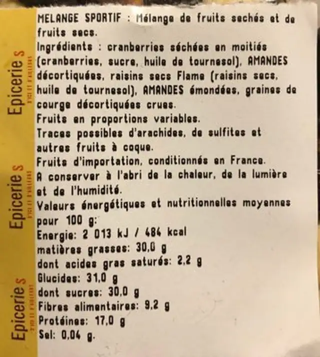 Melange sportif ingredients label