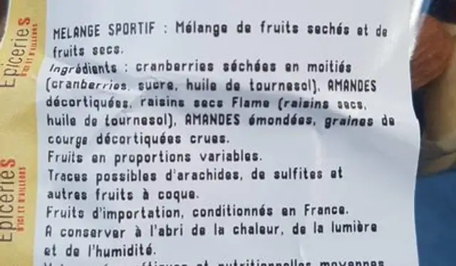 Mélange sportif ingredients label