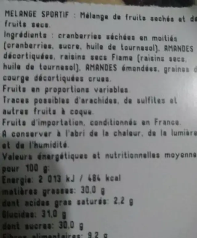 Mélange sportif ingredients label
