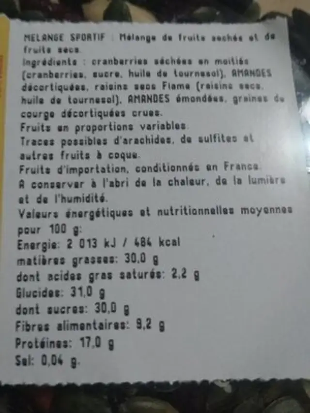 Mélange sportif nutrition facts table