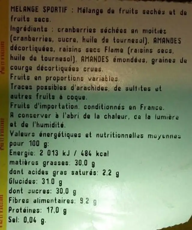 Mélange sportif ingredients label