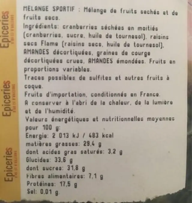 Melange sportif nutrition facts table