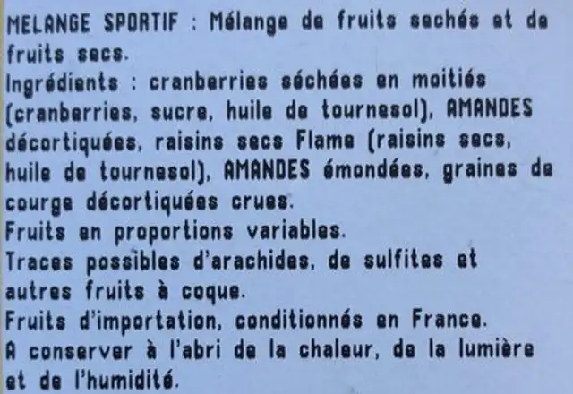 melange sportif ingredients label
