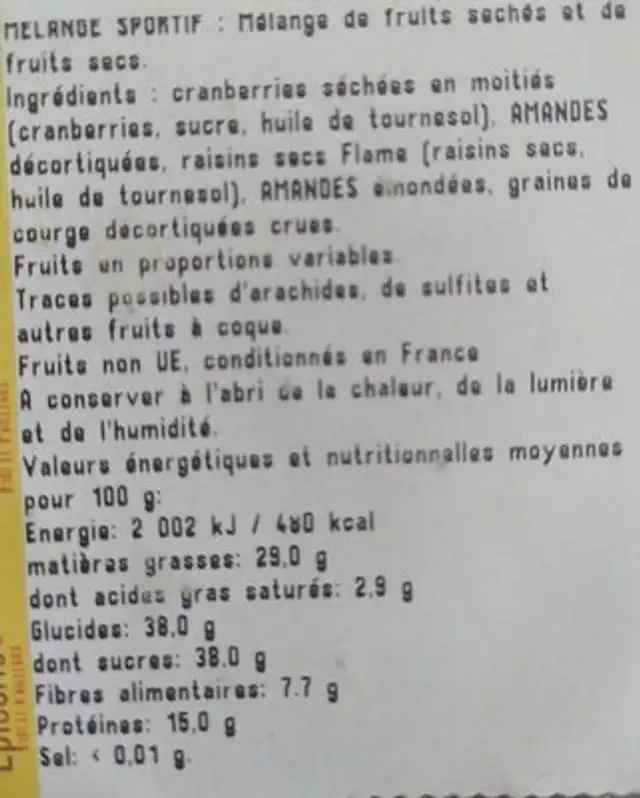 melange sportif nutrition facts table
