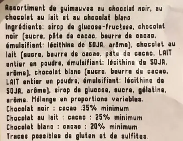 Guimauves lait/blanc/noir ingredients label