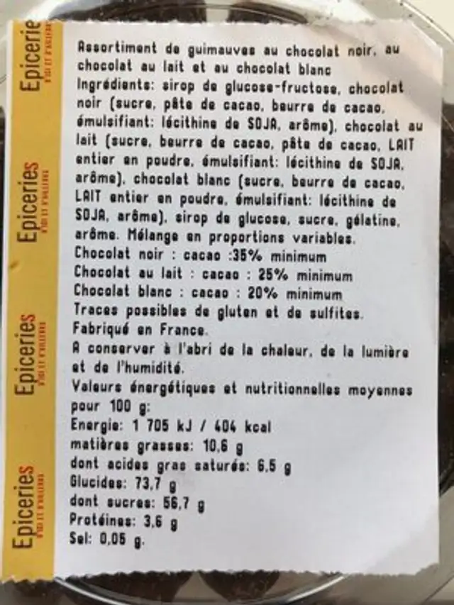 Guimauves lait / blanc / noir ingredients label