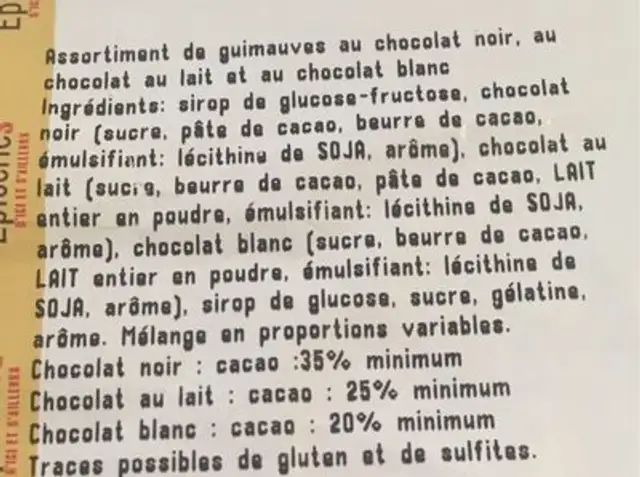 Guimauves lait/noir/blanc ingredients label