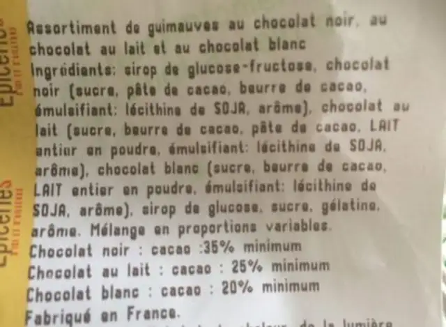 Ours guimauve ingredients label