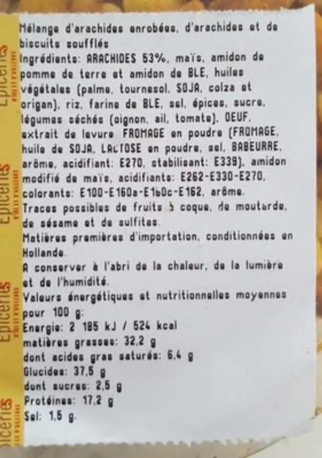 Mélange mexicain ingredients label
