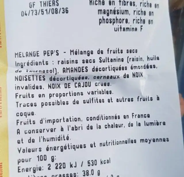 Mélange Peps ingredients label