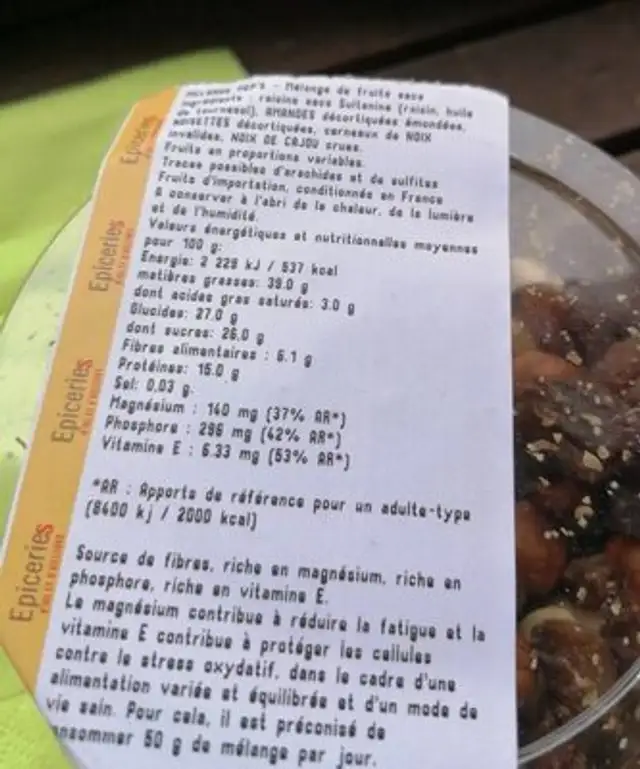 Mélange peps fruits secs nutrition facts table