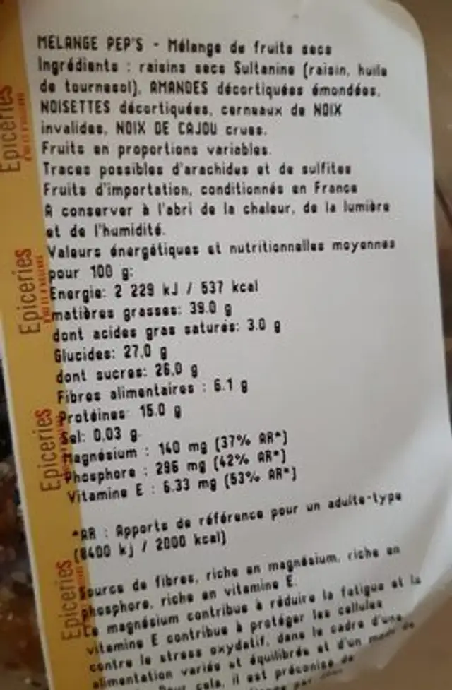 Melange peps ingredients label