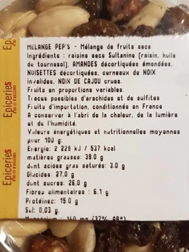 Mélange pep's ingredients label