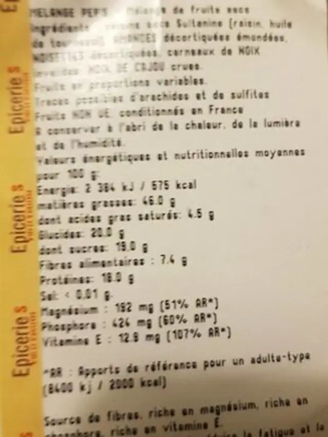 Mélange peps grand frais nutrition facts table