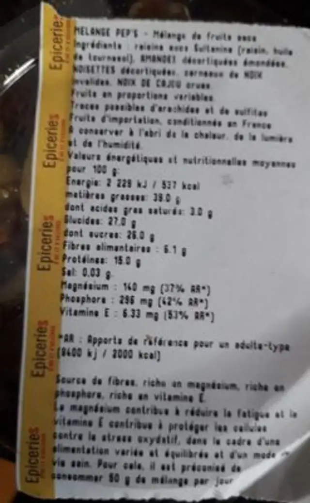 Mélange peps ingredients label