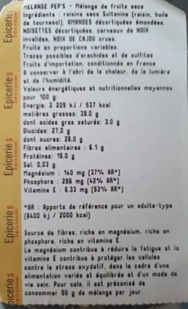 Melange peps ingredients label