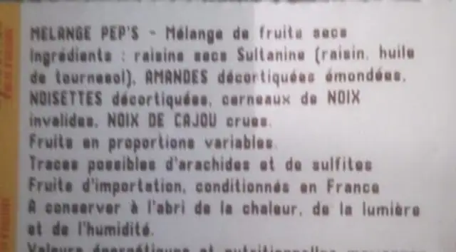 Melange Pep's ingredients label