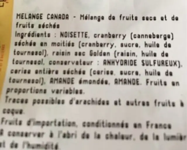 Melange canada ingredients label