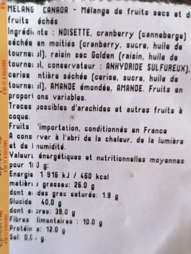Mélange Canada fruits secs nutrition facts table