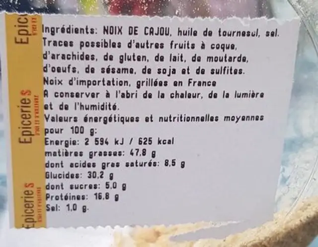 Noix de cajou poivrees nutrition facts table