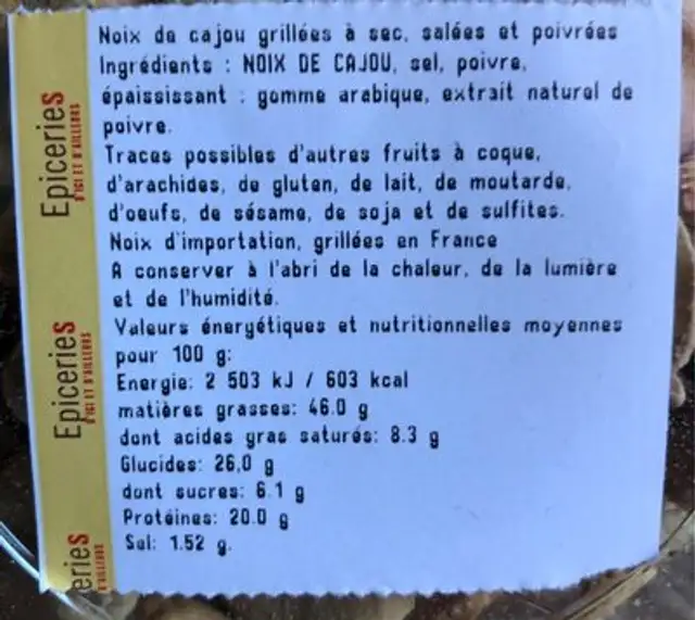 Noix de cajou poivrees ingredients label