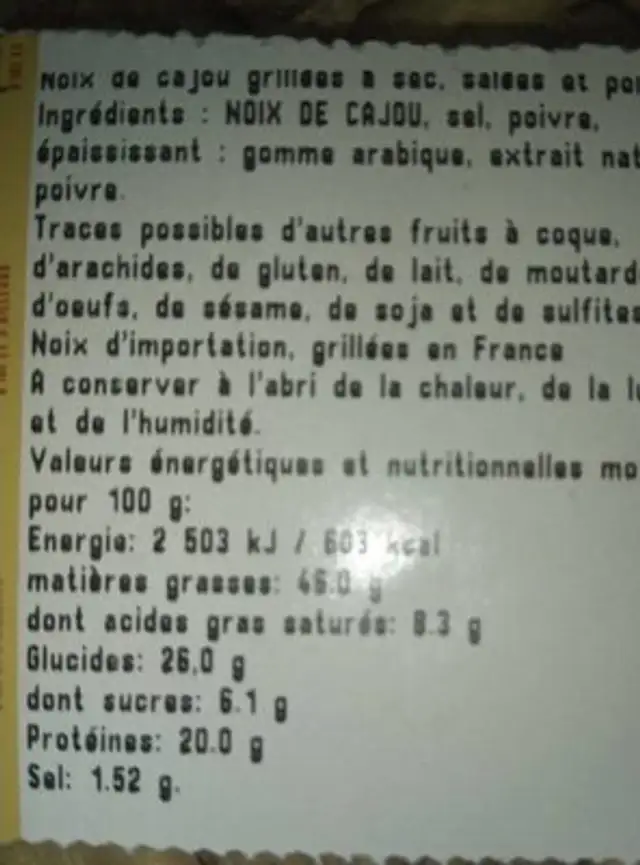 Noix de cajou poivrées nutrition facts table