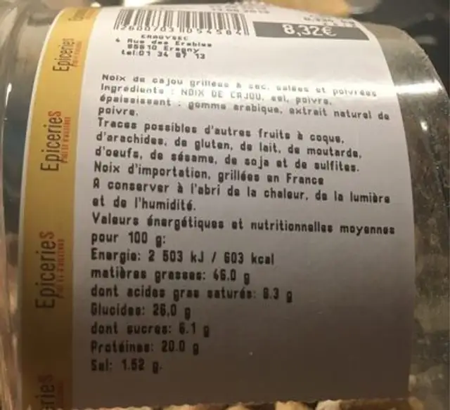 Noix de cahou poivrées nutrition facts table