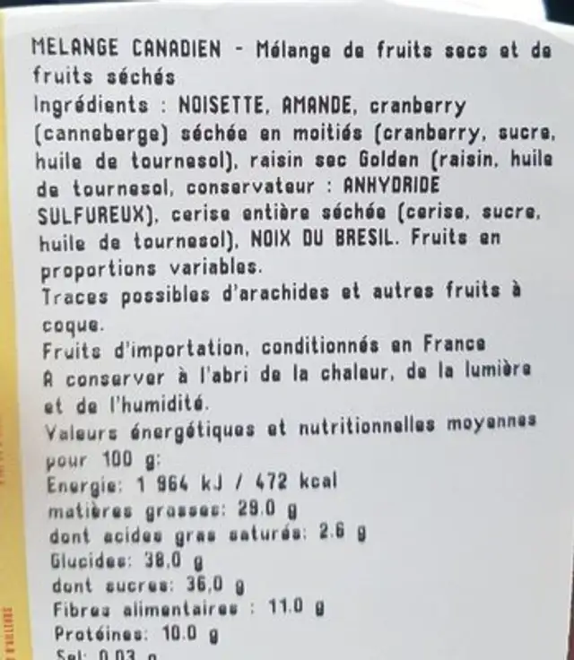 Mélange Canadien ingredients label